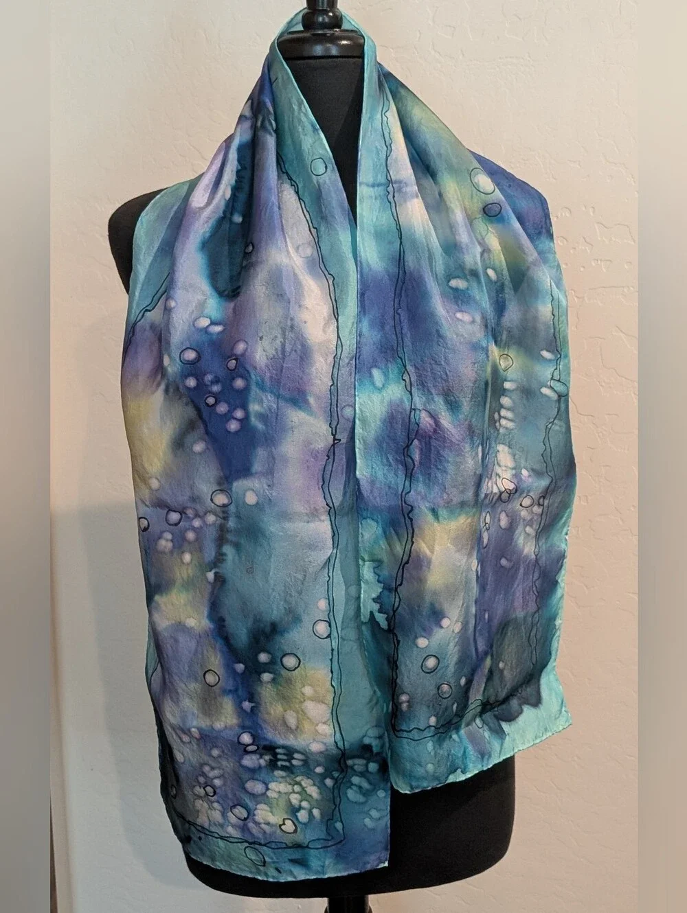 Artist Signed Hand Painted Watercolor Purple Blue Silk 58